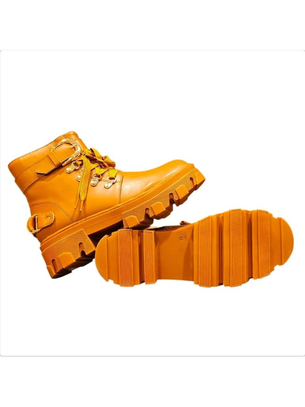 Chunky Tan Combat Boots With Buckles & Zipper Design For Women - Picture 6 of 9